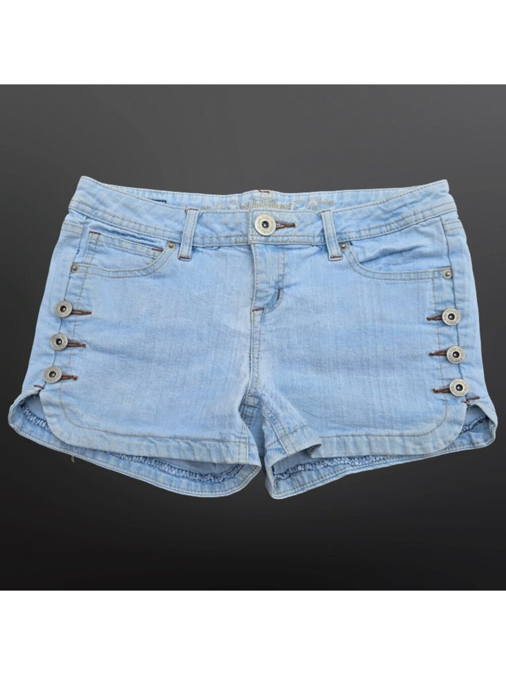 Y2K  Denim Micro Mini Shorts Size S Blue Light Wash Button Trim Low Rise Boho